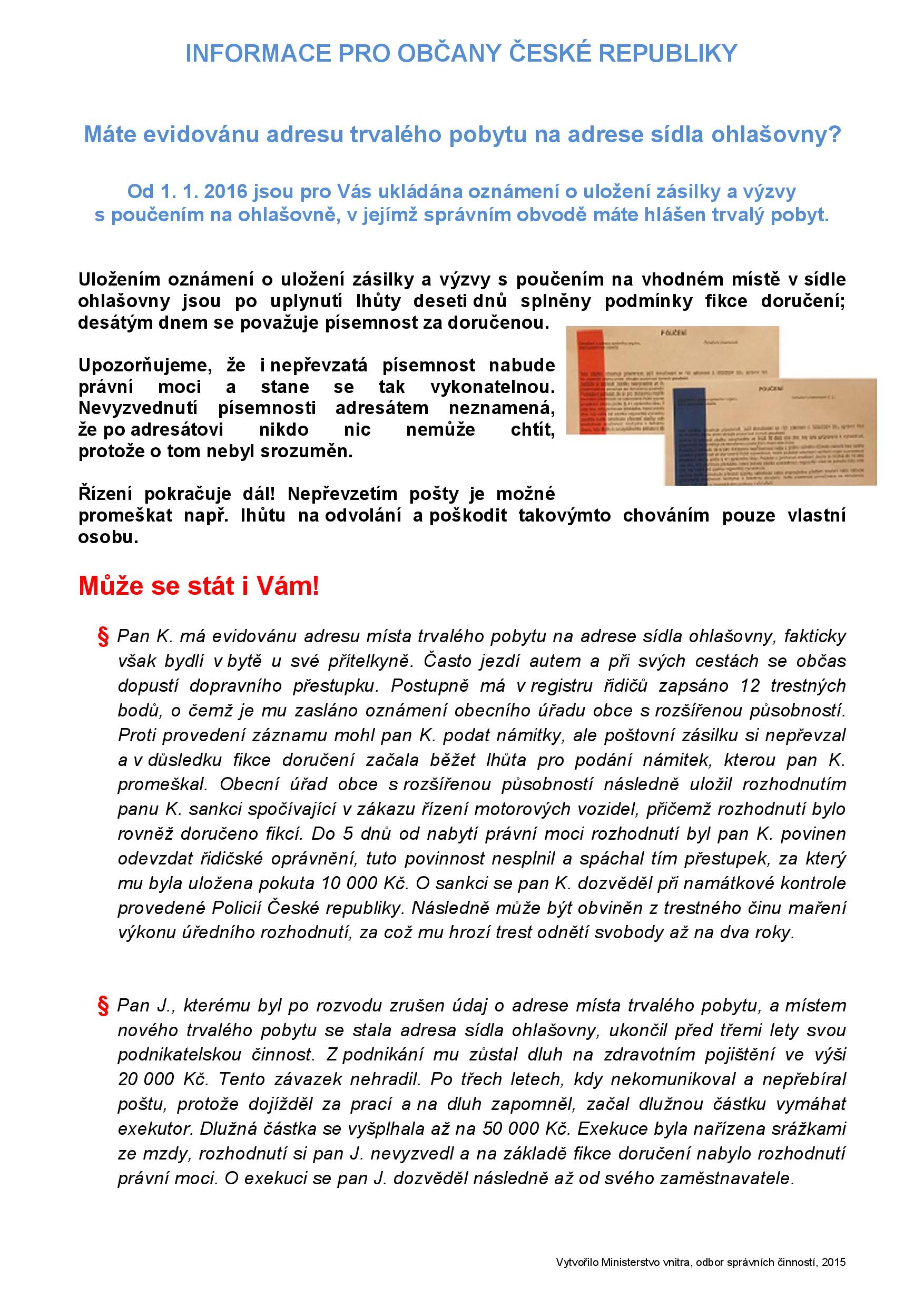 Informace pro občany ČR, kteří mají zrušený trvalý pobyt - adresa v sídle ohlašovny